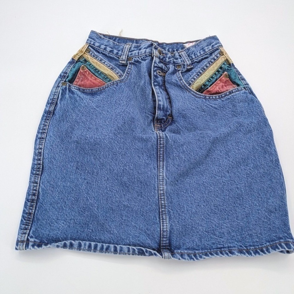 Vintage Zena Denim Mini Skirt Size 7/8 Colorblock Multicolor Pockets 90s 18"